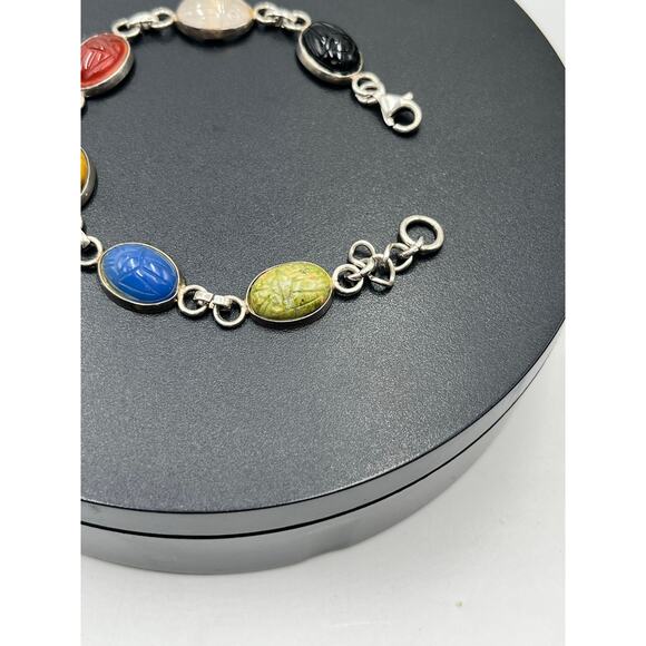 Sterling Silver Scarab Carnelian Lapis Tiger Eye Six Natural Stones Bracelet 8” - Picture 3 of 9